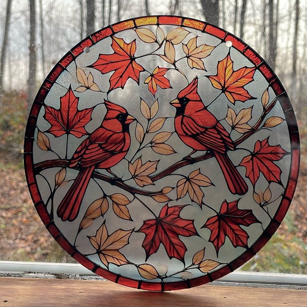 Suncatcher Red Cardinal Bird Fall Leaves Design 8” Acrylic Seasonal Decor